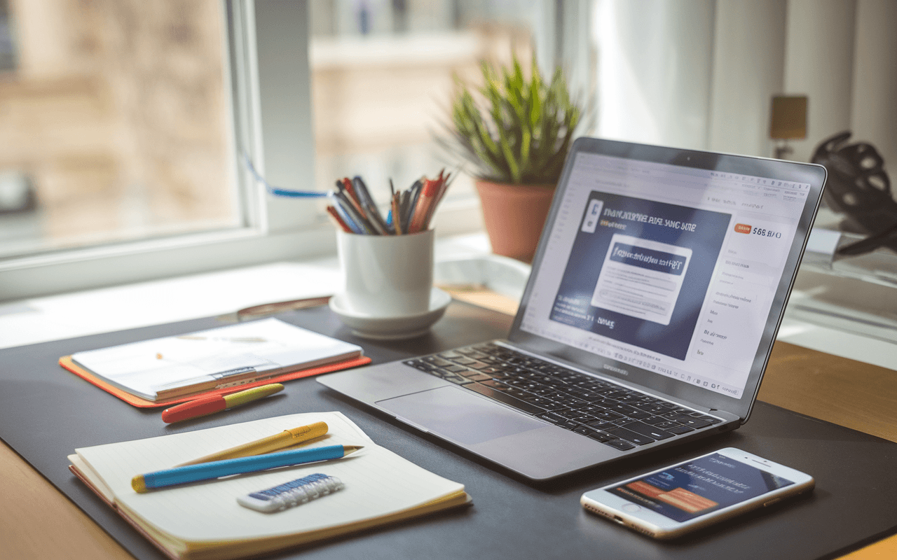 Bureau moderne avec ordinateur portable rédigeant des articles SEO, entouré de notes manuscrites et stylos colorés; smartphone avec notification SEO, lumière naturelle inspirante.