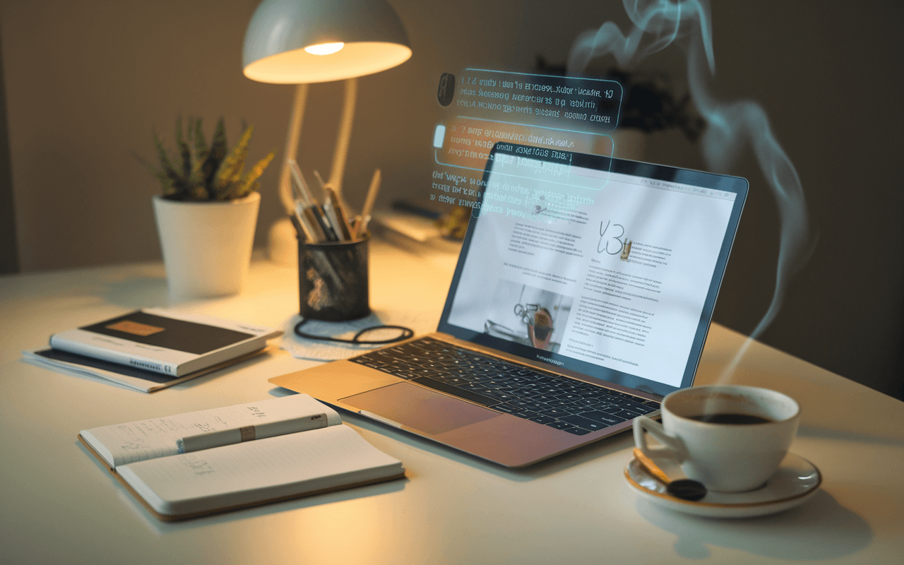 Élégant bureau d'un écrivain en 2025, avec un ordinateur portable affichant un blog en cours. Cahiers, stylo plume, tasse de café ajoutent une touche authentique. Hologramme de texte flottant, symbole futuriste, capte l'attention; idéal pour illustrer comment créer un blog.