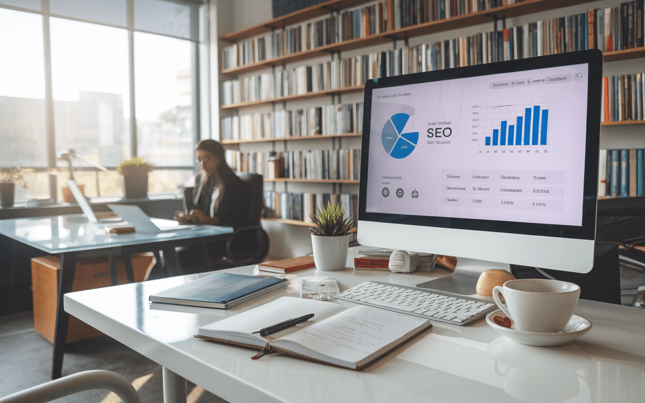 Bureau moderne et lumineux de rédacteur SEO avec écran affichant l'analyse SEO, cahier de notes, tasse de café, et bibliothèque de marketing digital.