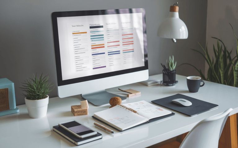 Bureau moderne avec écran d'ordinateur affichant des titres accrocheurs, carnet rempli d'idées pour l'optimisation de titres, tasse de café sur le côté.