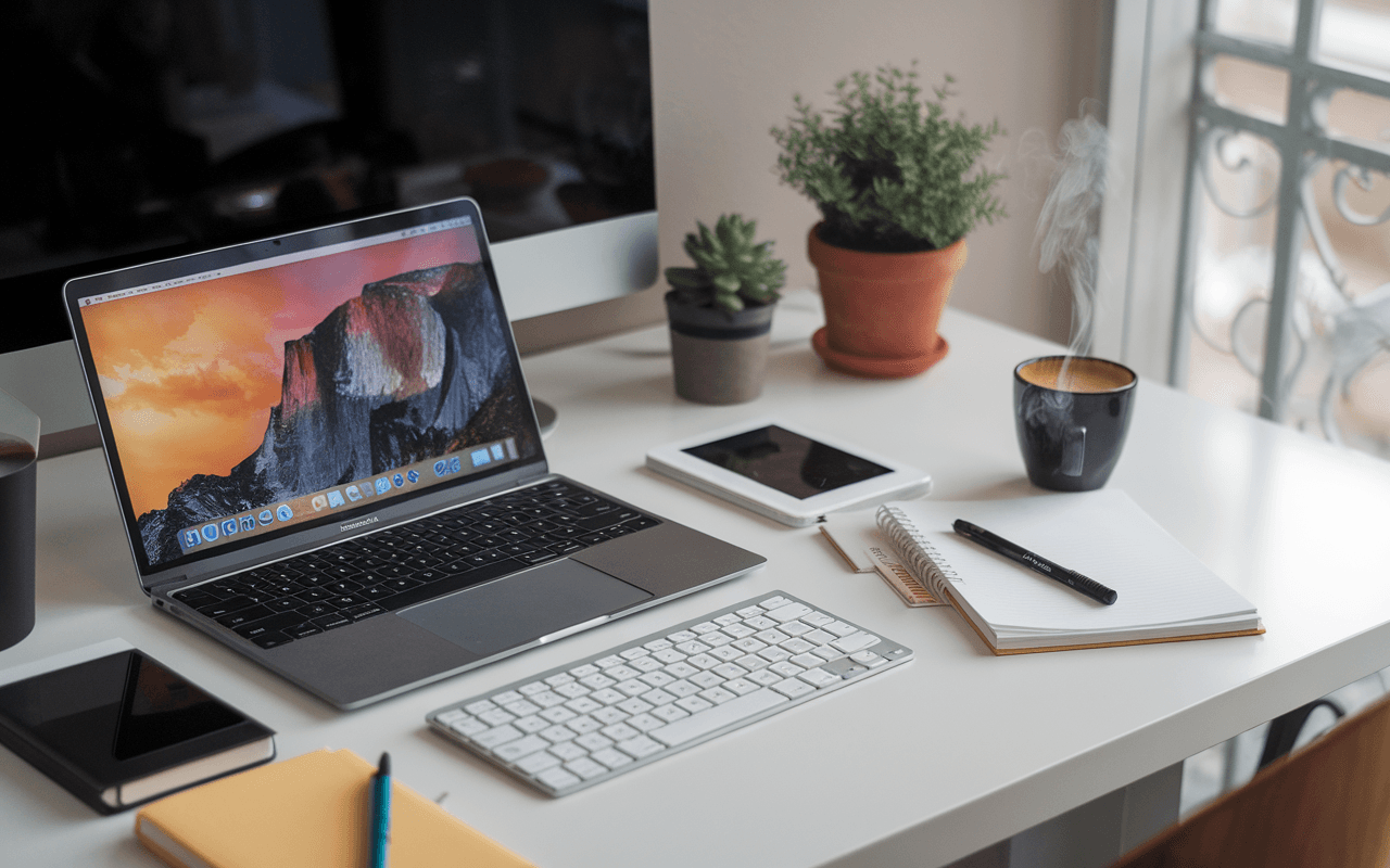 Scène de bureau moderne avec ordinateur ouvert sur plateforme de blogging, notes manuscrites, accessoires élégants, symbolisant la création de contenu pour créer un blog.