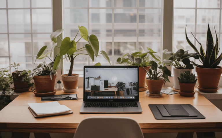 Configuration de bureau à domicile moderne et confortable avec un ordinateur portable élégant sur un bureau en bois, entouré de plantes en pot et de fournitures minimalistes, idéal pour créer un blog.