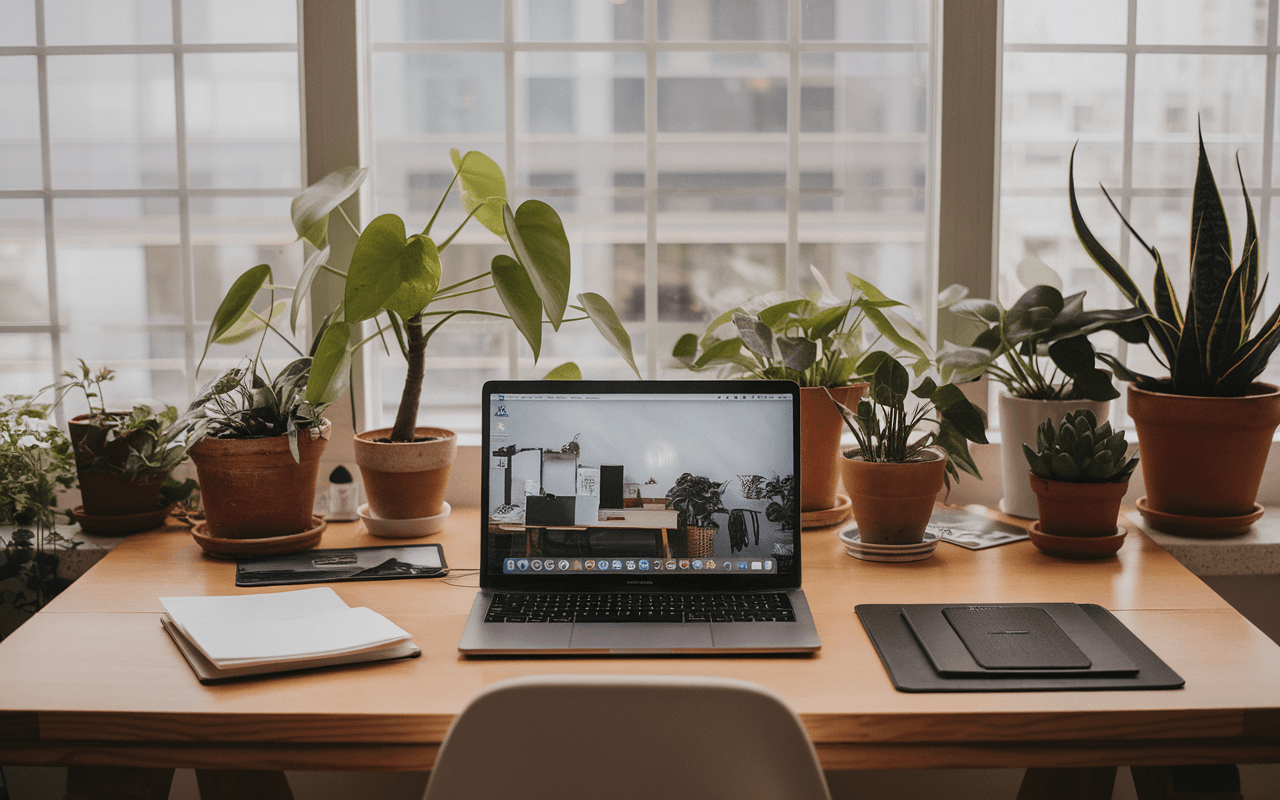 Configuration de bureau à domicile moderne et confortable avec un ordinateur portable élégant sur un bureau en bois, entouré de plantes en pot et de fournitures minimalistes, idéal pour créer un blog.