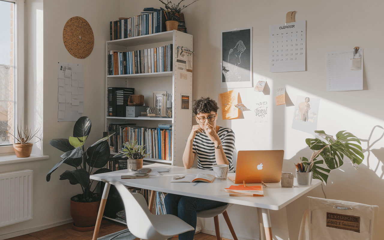 Rédacteur SEO freelance travaillant à domicile, entouré de livres, ordinateur portable et notes, avec lumière naturelle et ambiance sereine.