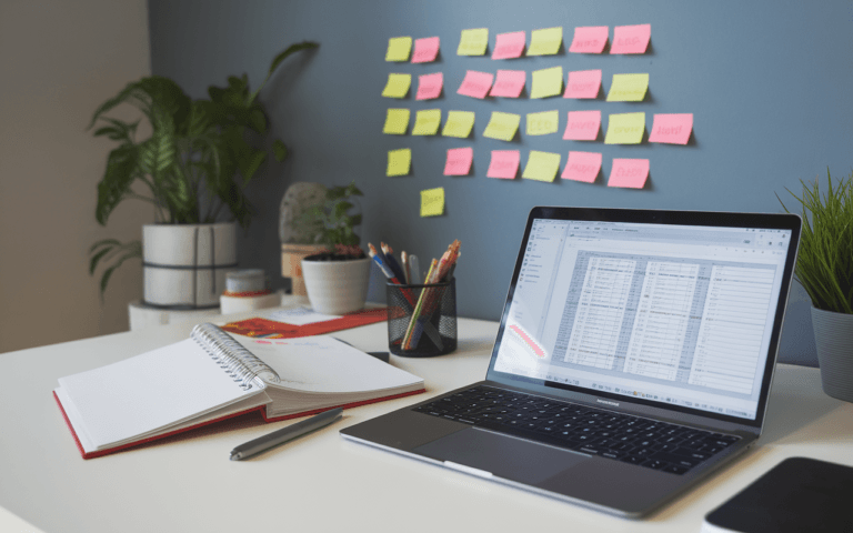 Bureau moderne de rédacteur SEO avec ordinateur portable ouvert sur traitement de texte, carnet de notes et feutres colorés pour planification, post-it SEO sur mur de liège en arrière-plan.