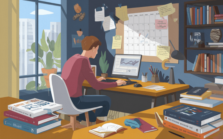 Jeune rédacteur web en plein apprentissage en ligne à son bureau moderne, entouré de livres et d'outils de rédaction.
