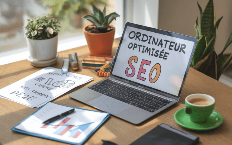 Bureau moderne avec ordinateur affichant une rédaction articles SEO, entouré de notes d'optimisation SEO, mots-clés, graphiques de trafic, et stratégies de contenu, éclairé par lumière naturelle.