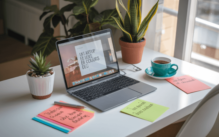 Bureau moderne et organisé avec ordinateur portable affichant un article sur comment créer un blog, notes colorées, tasse de café et plante d'intérieur, éclairage doux pour un espace créatif.