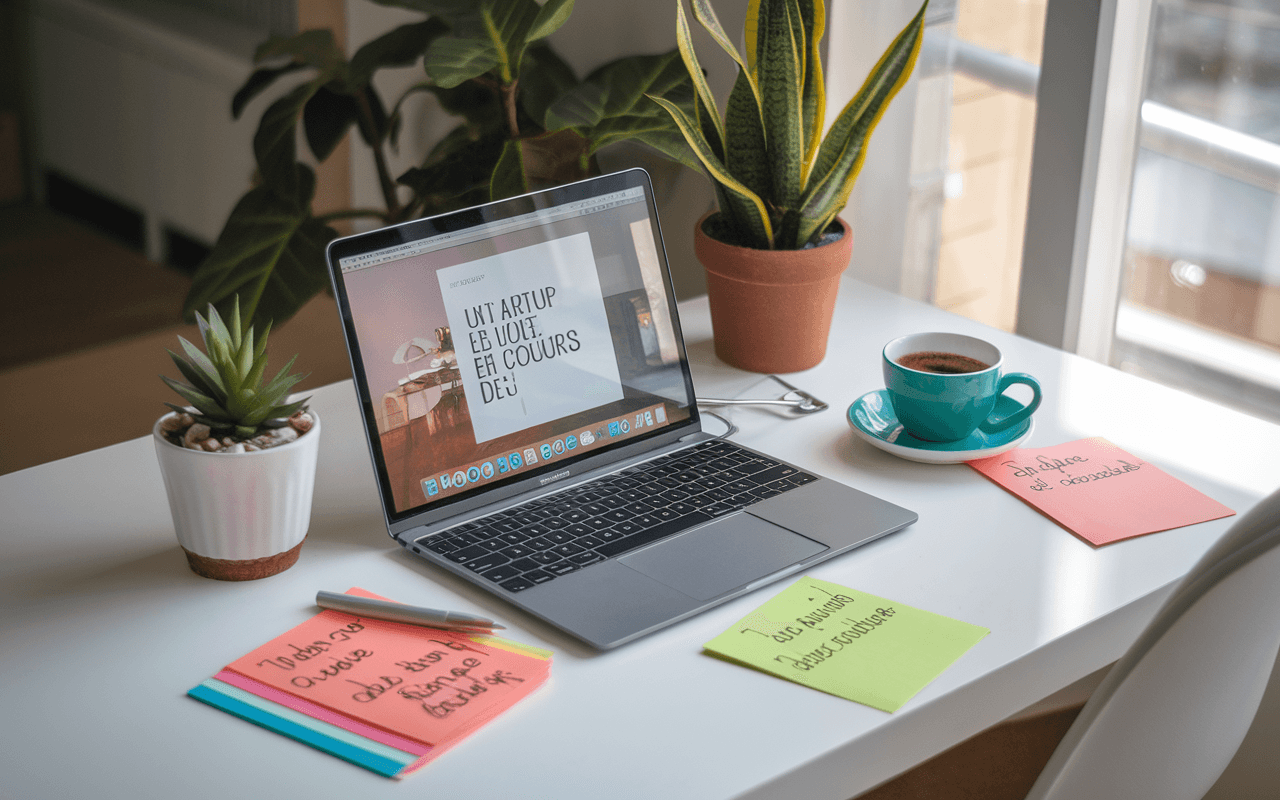 Bureau moderne et organisé avec ordinateur portable affichant un article sur comment créer un blog, notes colorées, tasse de café et plante d'intérieur, éclairage doux pour un espace créatif.