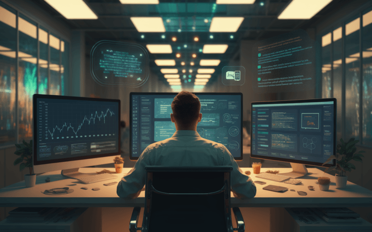 Un rédacteur web travaillant en 2025, assis à un bureau moderne avec plusieurs écrans affichant des graphiques et outils d'écriture numériques, entouré de hologrammes de mots et d'icônes flottants, dans une ambiance technologique en bleus et verts.