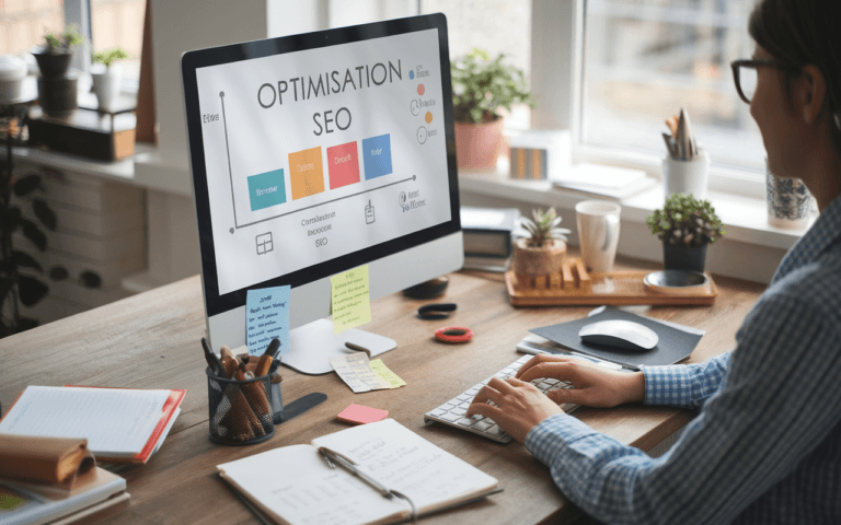 Personne concentrée rédigeant des articles SEO sur un ordinateur moderne avec graphique d'optimisation SEO, carnets de notes et ambiance inspirante.