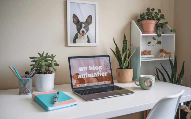 Espace de travail inspirant pour créer un blog sur les animaux, avec un ordinateur portable affichant un blog animalier, un carnet pastel, et un café sur un bureau minimaliste.