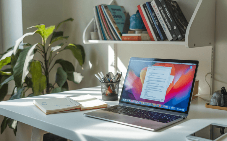 Bureau moderne de rédacteur seo avec ordinateur portable affichant texte, carnet annoté et étagère sur référencement et marketing digital.