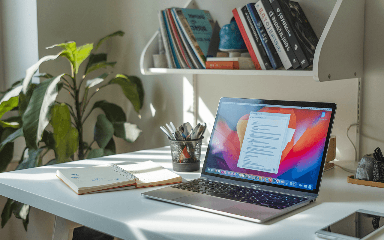 Bureau moderne de rédacteur seo avec ordinateur portable affichant texte, carnet annoté et étagère sur référencement et marketing digital.