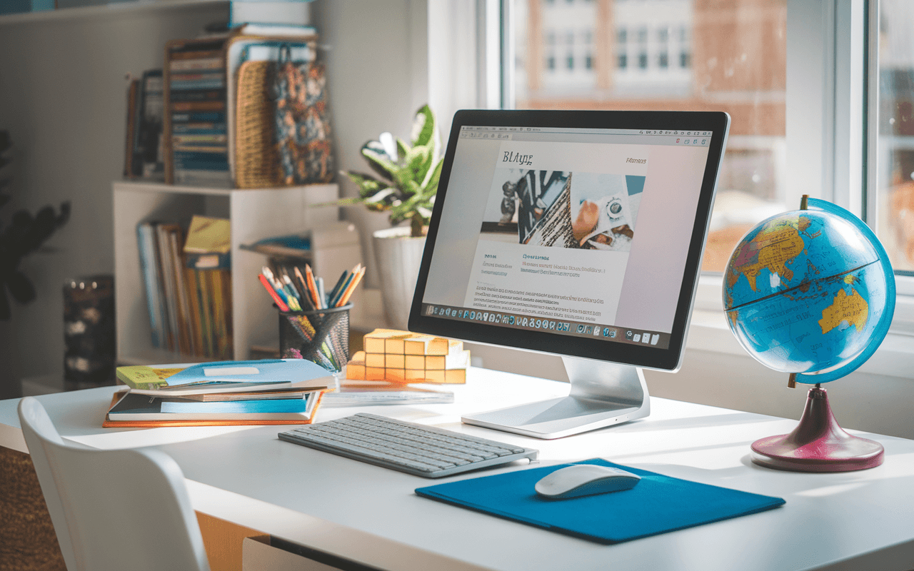 Bureau moderne pour créer un blog éducatif, avec ordinateur portable affichant des articles interactifs, entouré de fournitures scolaires et éclairé par la lumière naturelle.