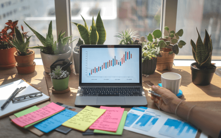 Ordinateur portable sur un bureau moderne présentant un graphique SEO dynamique, entouré de notes avec des mots-clés de rédacteur SEO, symbolisant l'innovation et l'harmonie entre technologie et nature.