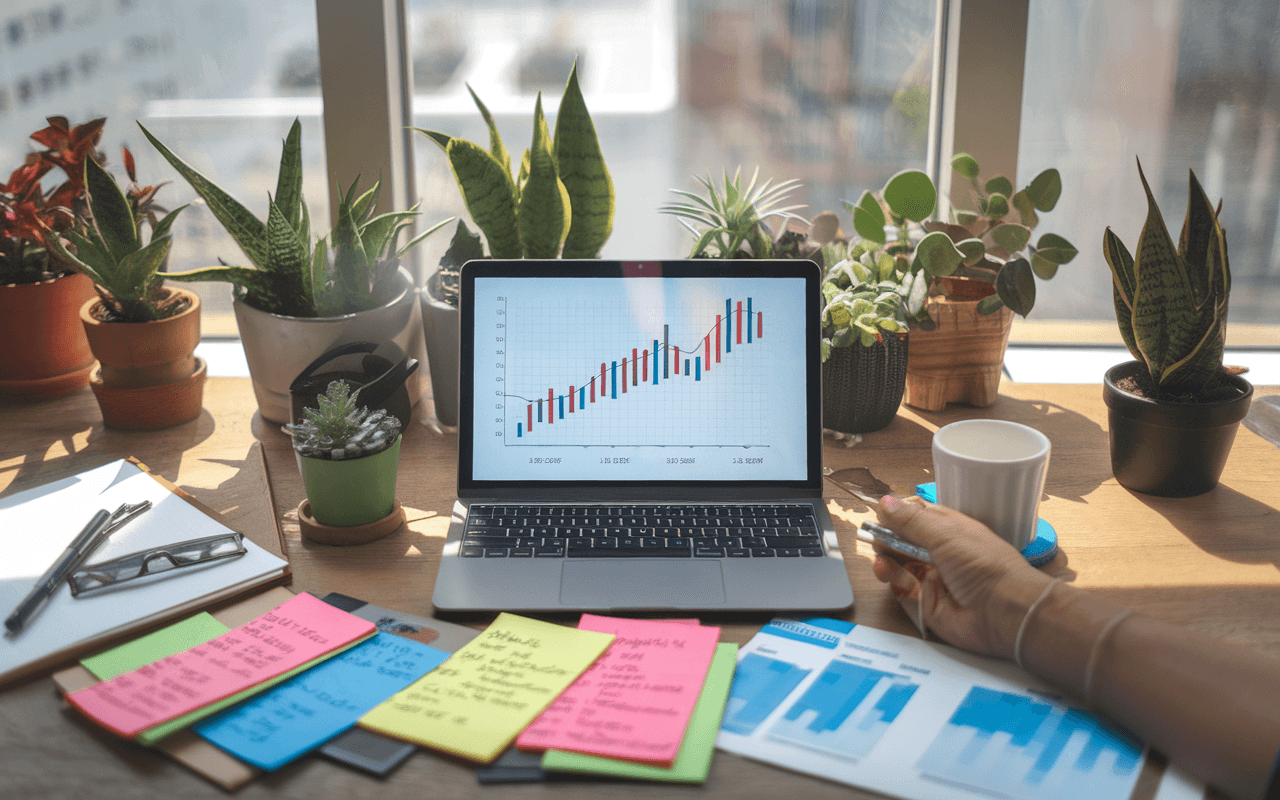 Ordinateur portable sur un bureau moderne présentant un graphique SEO dynamique, entouré de notes avec des mots-clés de rédacteur SEO, symbolisant l'innovation et l'harmonie entre technologie et nature.