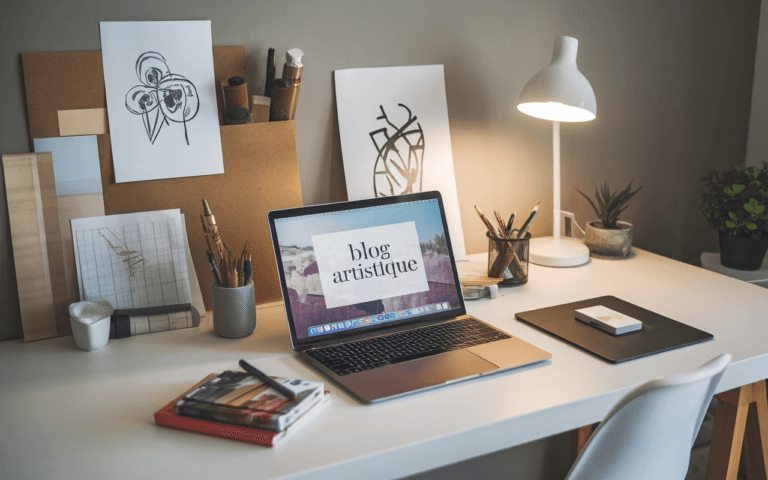 Bureau moderne et épuré avec ordinateur portable affichant un blog artistique, entouré de pinceaux, tubes de peinture, carnets à croquis et œuvres d'art, illustrant comment créer un blog inspirant pour artistes.