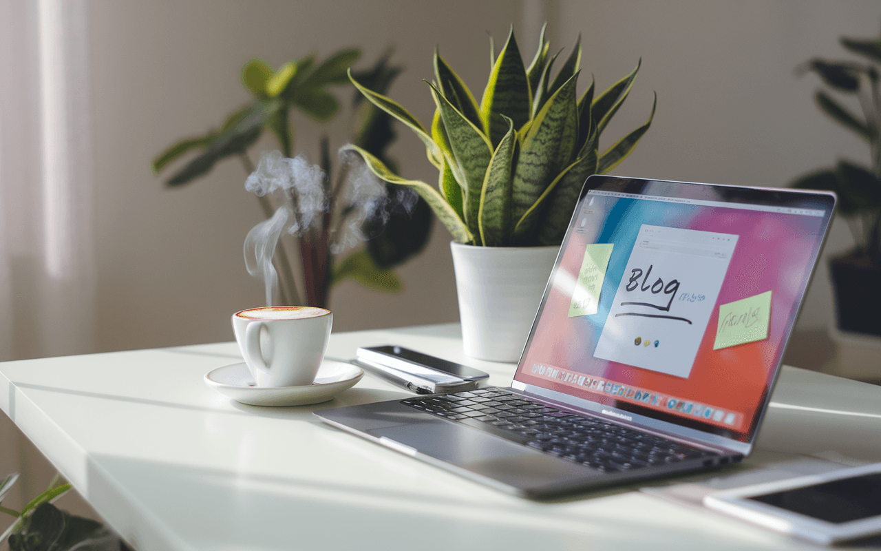 Bureau moderne pour créer un blog avec ordinateur portable ouvert, notes et café fumant, symbolisant créativité et productivité sous une lumière douce.