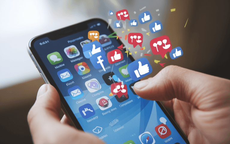 Image dynamique de smartphone avec app de réseau social active et notifications, symbolisant l'engagement et l'énergie des titres accrocheurs.