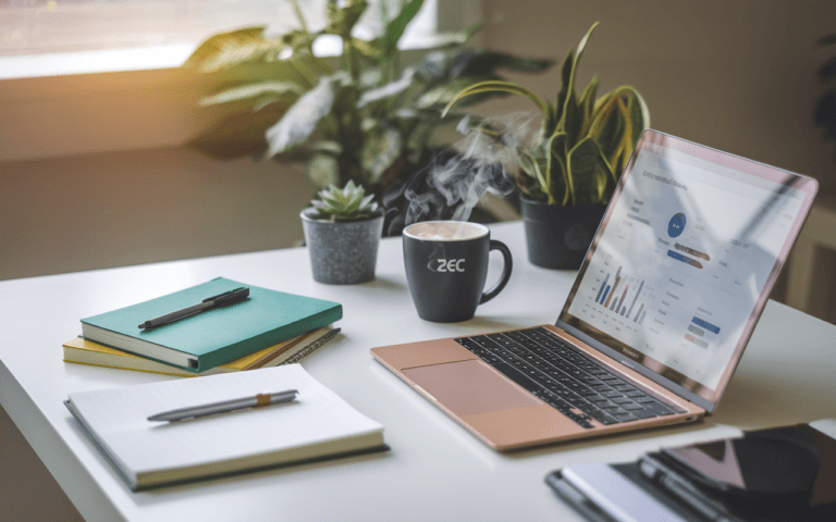 Bureau moderne d'un rédacteur SEO en 2025 avec ordinateur affichant statistiques, carnets, et café, créant une atmosphère de travail productive.