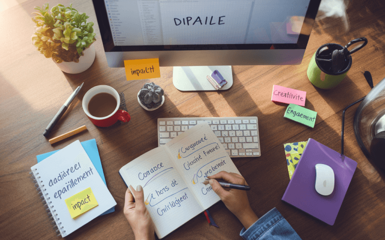 Bureau moderne et inspirant avec carnet de brainstorming, ordinateur montrant un titre partiellement écrit, café chaud et post-it sur titres accrocheurs.