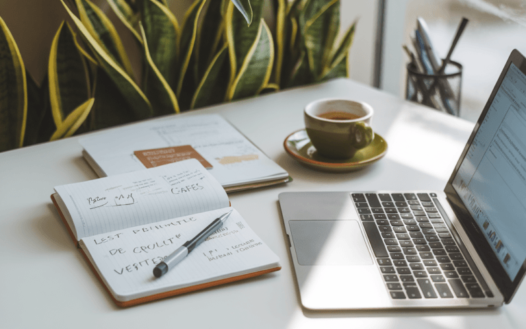 Bureau moderne et organisé pour rédaction articles SEO, avec ordinateur affichant éditeur de texte, carnets avec mots-clés, stylo, tasse de café, plante verte, éclairé par lumière naturelle pour atmosphère créative.