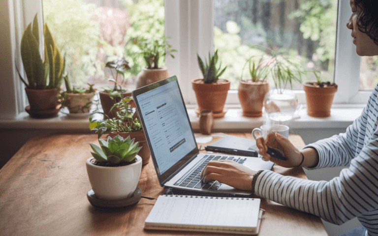 Personne tapant sur un ordinateur portable pour créer un blog sur la santé et le bien-être, entourée d'éléments de bien-être comme plantes, carnet et thé, avec une lumière apaisante et un jardin verdoyant en arrière-plan.