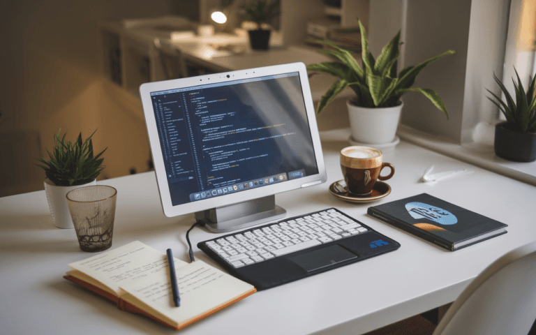 Bureau moderne avec ordinateur portable affichant l'intégration de l'IA dans l'écriture, symbolisant l'évolution du rôle du rédacteur SEO ; notes manuscrites, livre sur le SEO, tasse de café et stylo numérique visibles.