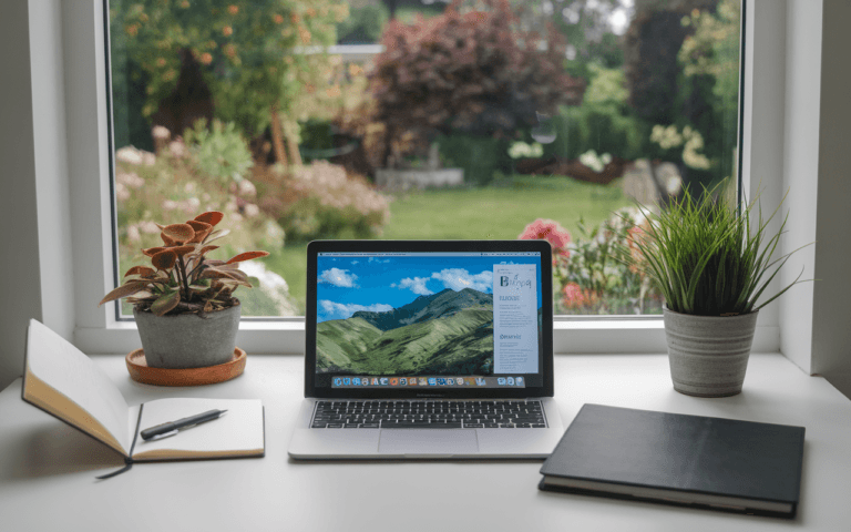 Bureau minimaliste pour créer un blog inspiré par la nature, ordinateur portable affichant des montagnes, carnet de notes et plante, fenêtre avec vue sur jardin.