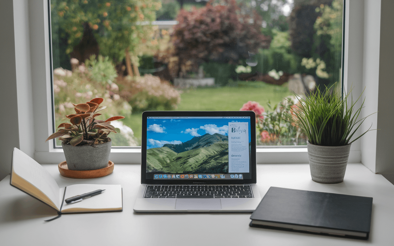 Bureau minimaliste pour créer un blog inspiré par la nature, ordinateur portable affichant des montagnes, carnet de notes et plante, fenêtre avec vue sur jardin.