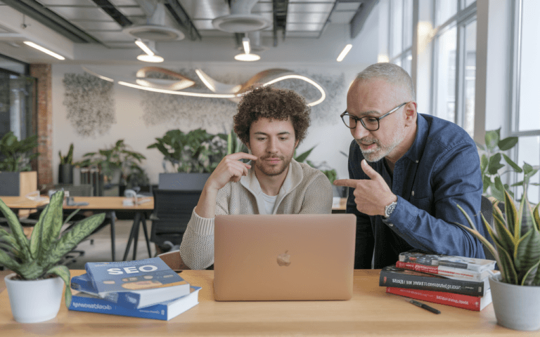 Personne assise à un bureau avec un ordinateur portable, entourée de livres sur le SEO et le marketing digital, mentor expérimenté montrant l'écran dans un espace de travail moderne, rédacteur seo.