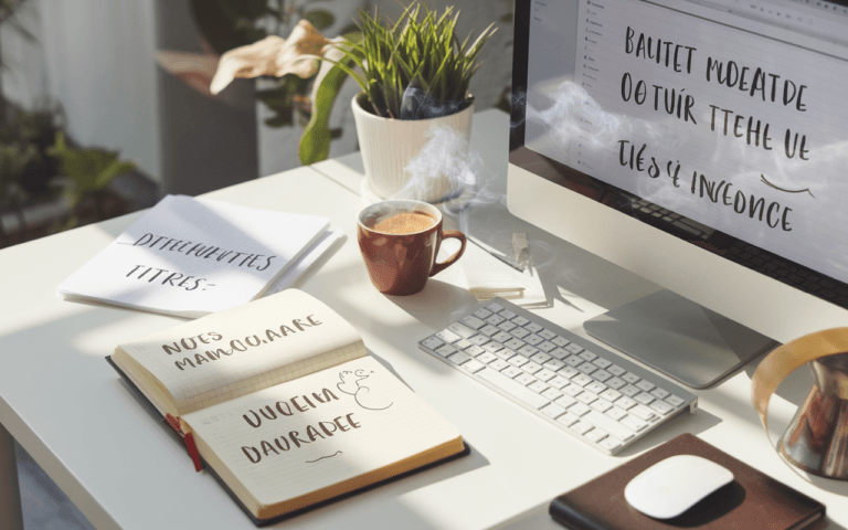 Bureau moderne avec écran affichant un gros titre en traitement de texte, tasse de café et notes manuscrites sur titres accrocheurs.