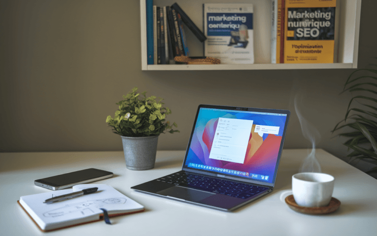 Bureau moderne avec laptop affichant interface élégante de rédaction articles SEO, carnet de notes, tasse de café fumante, smartphone et étagère avec livres sur le marketing numérique et l'optimisation SEO.