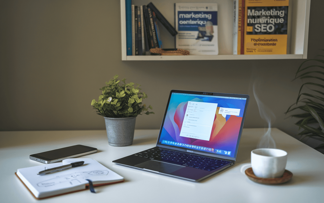 Bureau moderne avec laptop affichant interface élégante de rédaction articles SEO, carnet de notes, tasse de café fumante, smartphone et étagère avec livres sur le marketing numérique et l'optimisation SEO.
