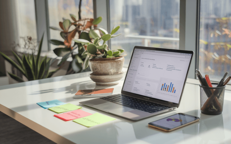 Bureau moderne avec ordinateur affichant une interface rédaction articles SEO, notes adhésives colorées, plante verte, et smartphone avec graphiques, sous lumière naturelle abondante.