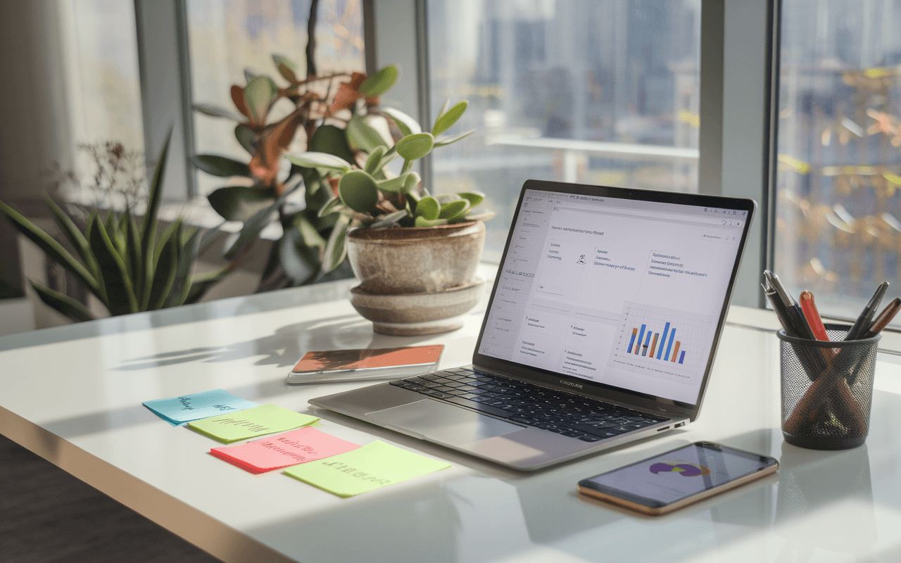 Bureau moderne avec ordinateur affichant une interface rédaction articles SEO, notes adhésives colorées, plante verte, et smartphone avec graphiques, sous lumière naturelle abondante.