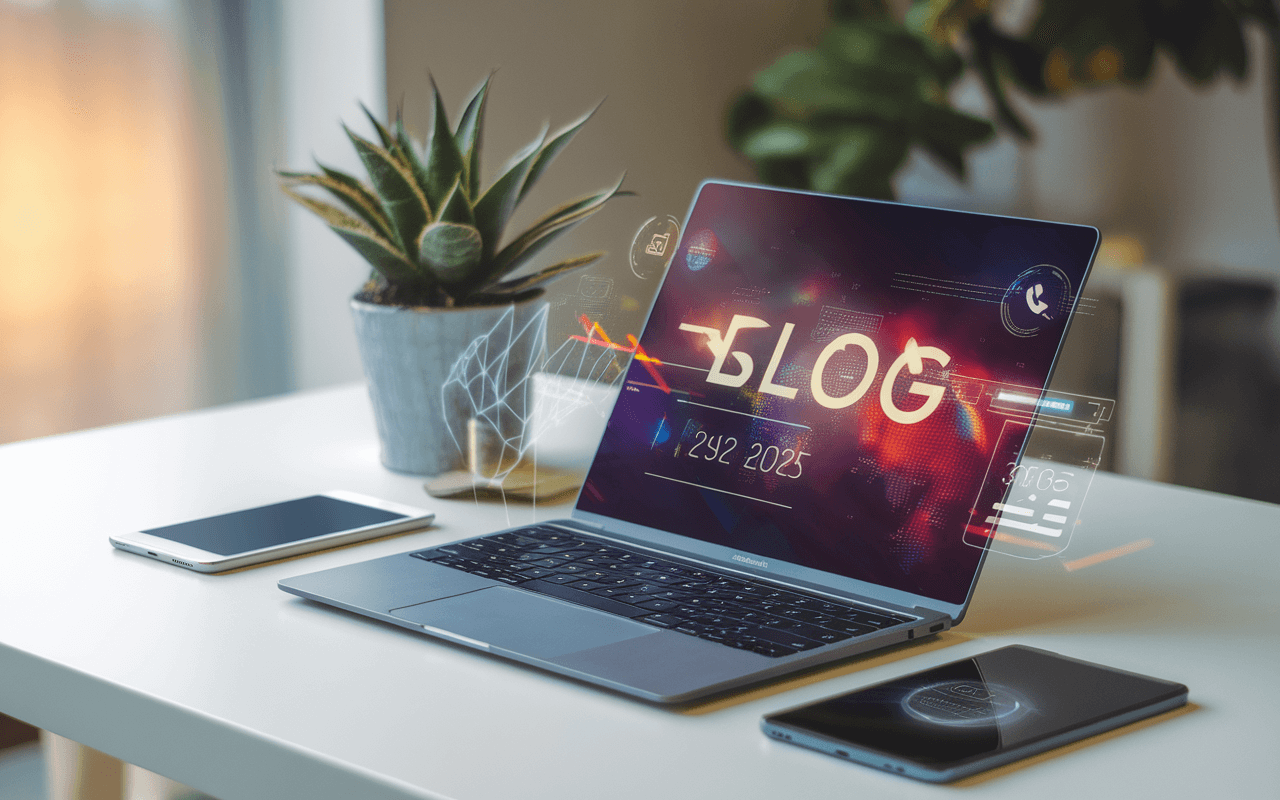 Bureau futuriste en 2025 avec ordinateur portable montrant une interface moderne de blog, smartphone et tablette, illustrant les tendances pour créer un blog.
