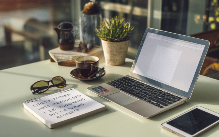 Création de titres accrocheurs : bureau moderne avec ordinateur et idées rayées, symbolisant le brainstorming et l'inspiration.