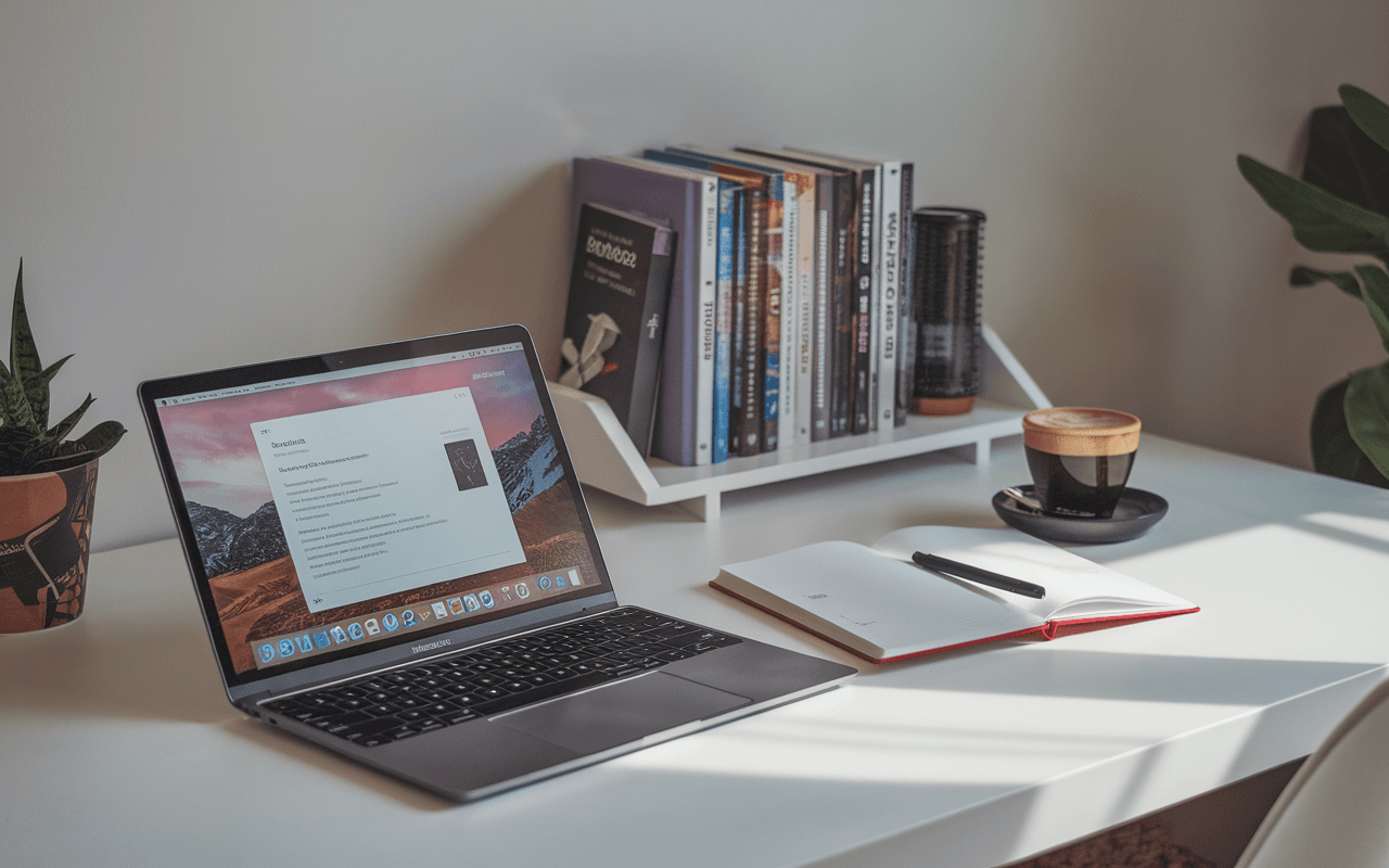 Bureau moderne avec ordinateur affichant une interface de création de blog, carnet et stylo pour idées, café et livres sur design en arrière-plan, lumière naturelle.