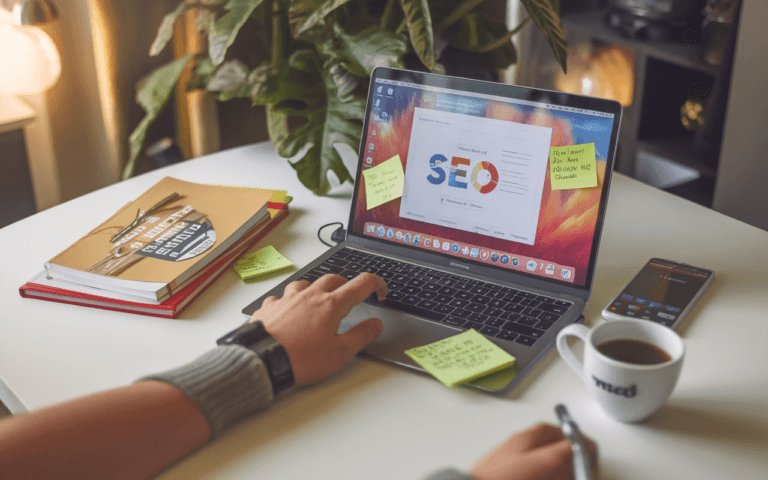Bureau moderne avec ordinateur portable affichant un logiciel d'analyse SEO, livres de marketing numérique, notes stratégiques, café et smartphone avec applications sociales; espace de travail d'un rédacteur SEO.