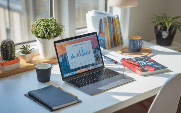 Bureau moderne d'un rédacteur SEO avec ordinateur et livres sur le marketing digital, soulignant un espace de travail studieux pour l'optimisation de contenu.