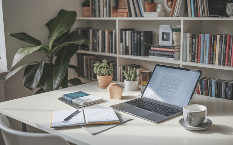 Bureau moderne et épuré, parfait pour un rédacteur web, avec ordinateur, accessoires de papeterie et bibliothèque spécialisée en écriture et marketing digital.