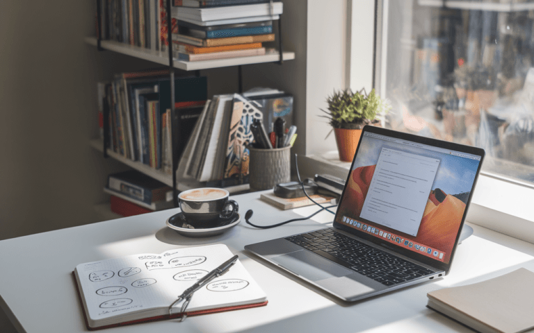 Bureau moderne avec ordinateur affichant la rédaction articles SEO, carnet de notes avec stratégies SEO, tasse de café et livres sur le marketing digital, éclairé par lumière naturelle.