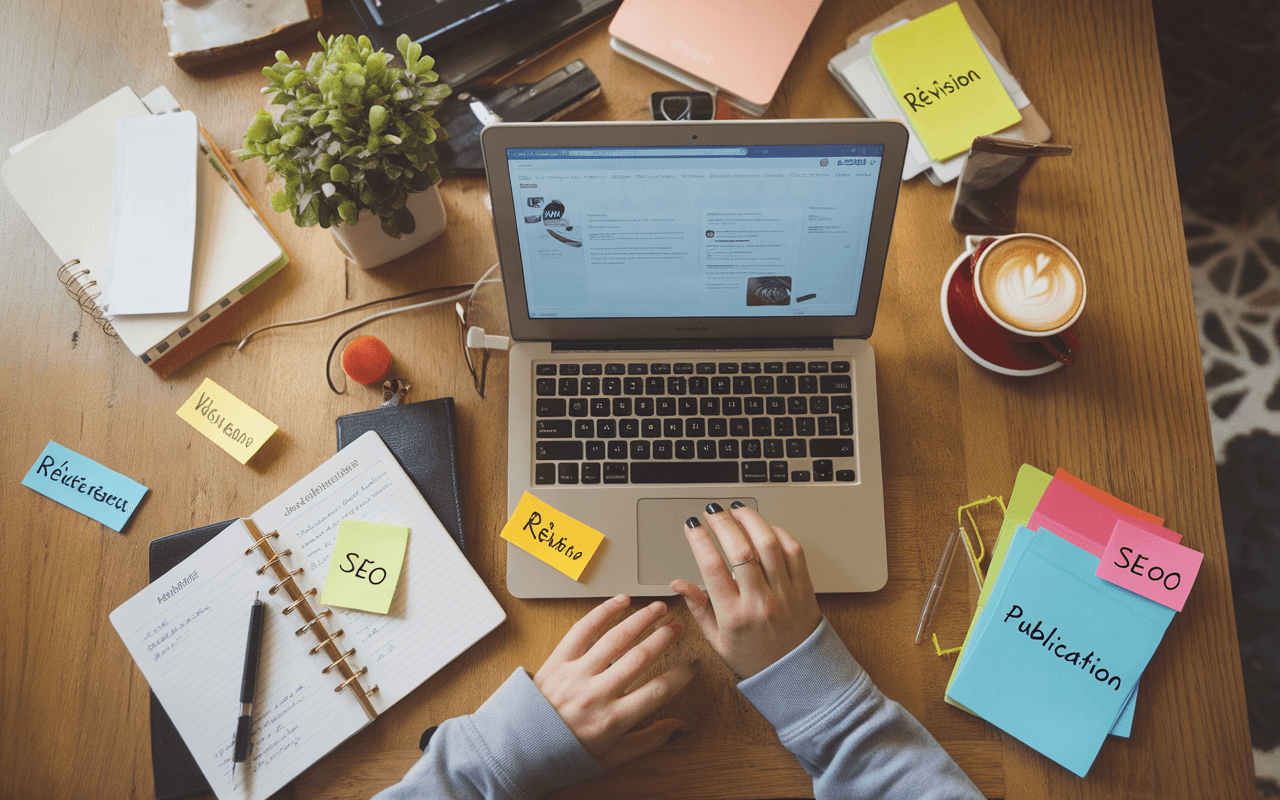 Espace de travail moderne pour créer un blog, avec laptop affichant un éditeur de blog, notes autocollantes SEO, carnet ouvert et café fumant, ambiance inspirante et organisée.