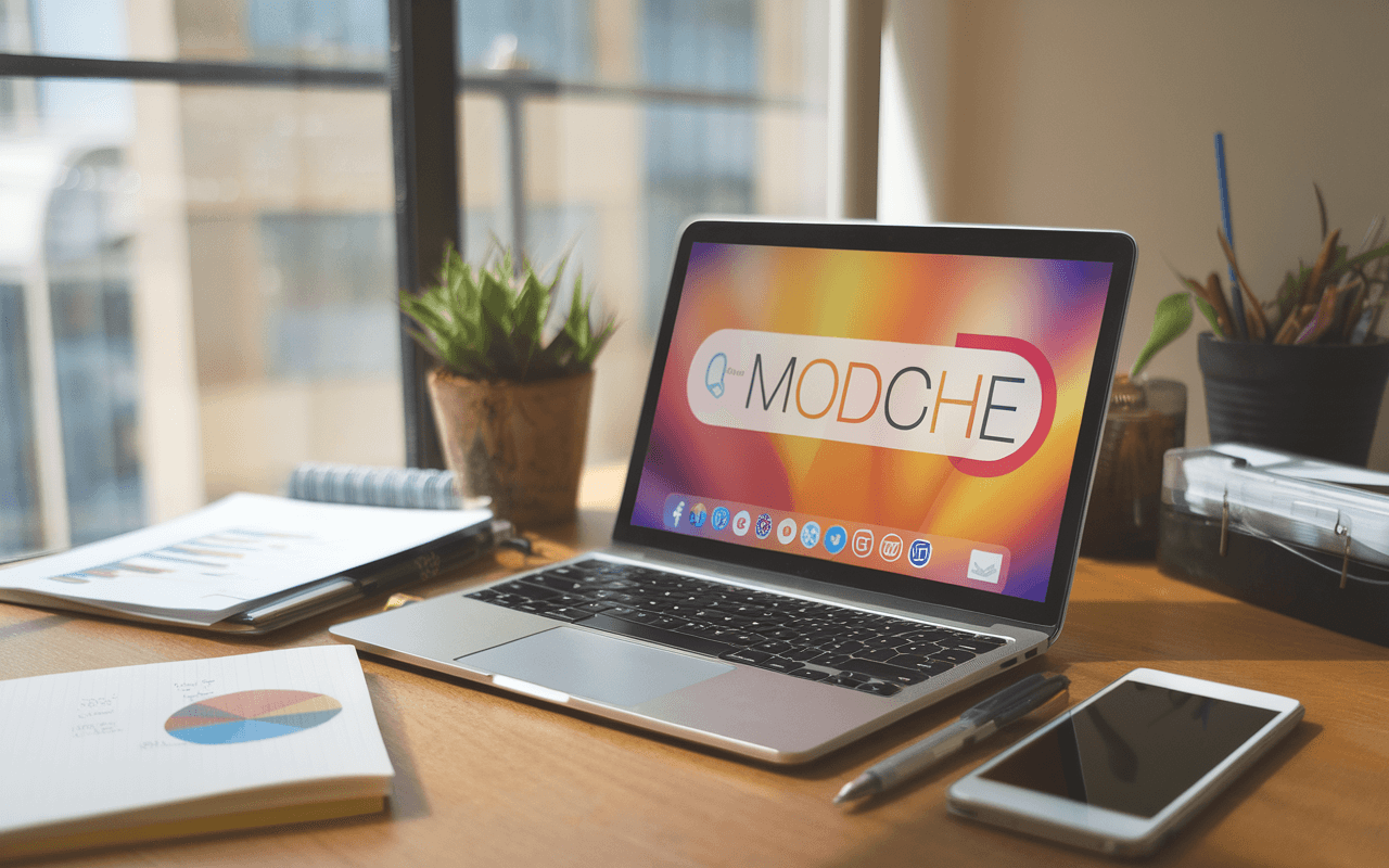Bureau moderne avec ordinateur portable affichant un moteur de recherche, notes et graphiques de stratégies de mots-clés pour rédacteur SEO en 2025.