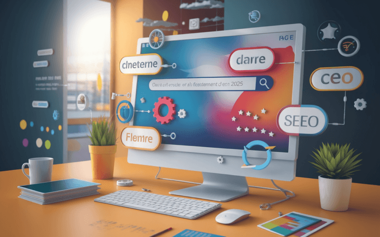 Écran d'ordinateur affichant un moteur de recherche, entouré de graphiques et icônes, illustrant l'impact des titres accrocheurs sur le SEO en 2025.