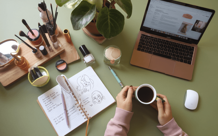 Bureau élégant vu de haut avec ordinateur sur plateforme pour créer un blog, carnet de notes sur concepts beauté, café, plante verte, produits de beauté et ambiance créative.