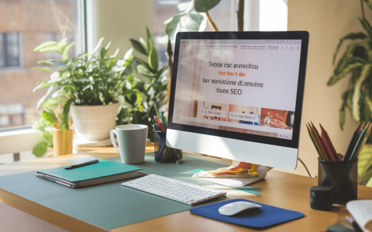 Bureau moderne avec un ordinateur portable affichant une page d'édition, soulignant l'importance du visuel dans la rédaction articles SEO.