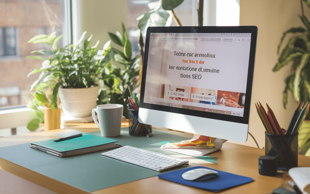 Bureau moderne avec un ordinateur portable affichant une page d'édition, soulignant l'importance du visuel dans la rédaction articles SEO.